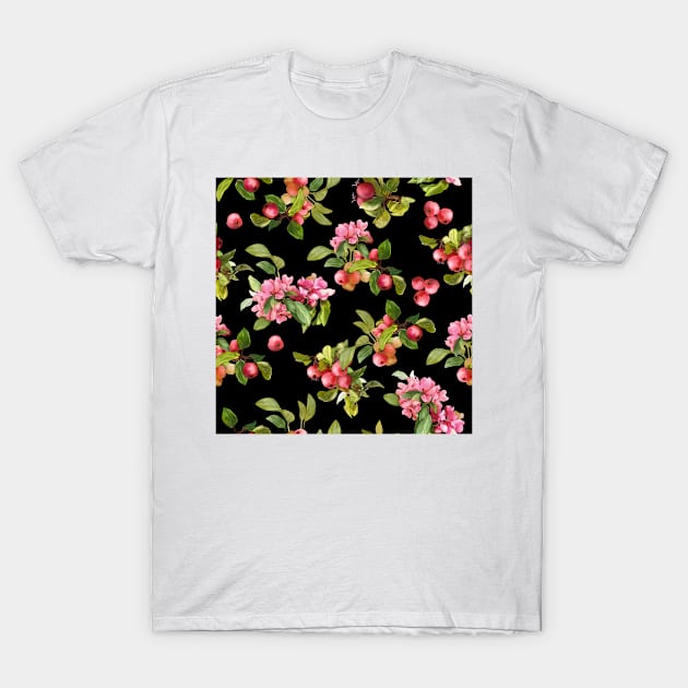 Watercolor small apple tree branch on black T-Shirt by orsinha